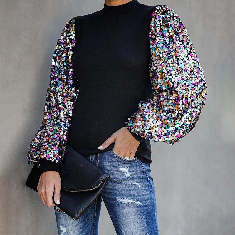 Half Turtle Neck Sequins Blouse