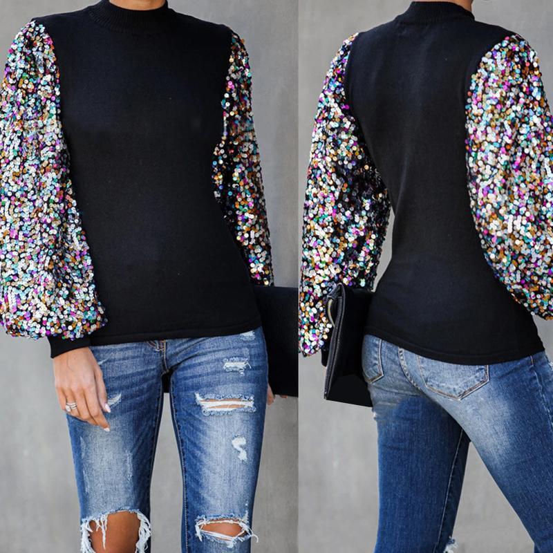 Half Turtle Neck Sequins Blouse